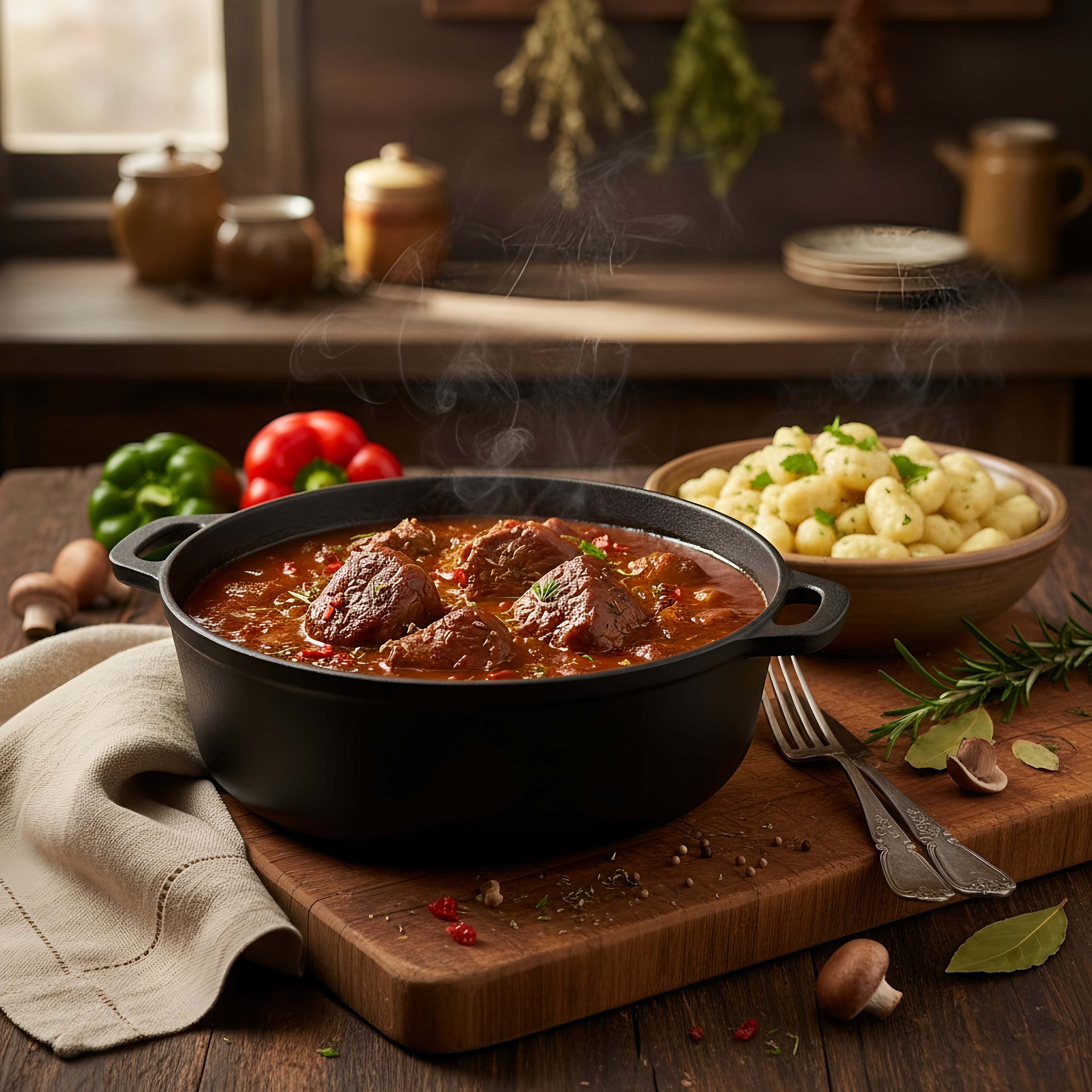Zartes Hirschgulasch in würziger Paprikasauce, serviert mit fluffigen Gnocchi in rustikaler Landhausküche