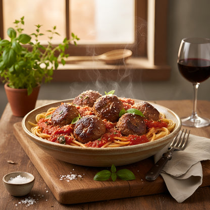 Spaghetti mit würzigen Hirschhackbällchen in aromatischer Tomatensauce, garniert mit Basilikum und Parmesan, serviert mit Rotwein und rustikalem Tischambiente – kreatives Wildgericht aus Hirschhackfleisch.