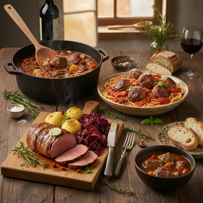 Aromatisches Hirschragout, zarter Braten und würzige Fleischbällchen in herzhafter Komposition mit Beilagen auf rustikalem Tisch