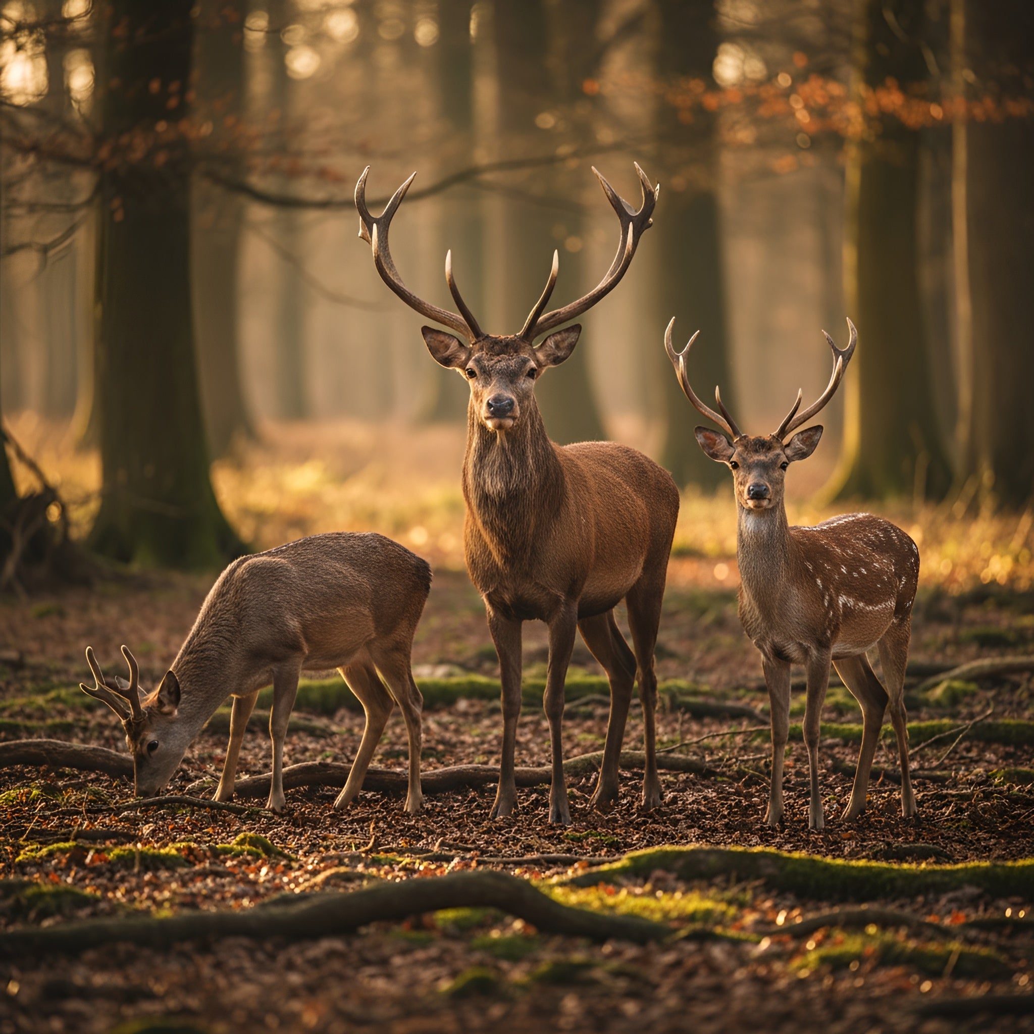 Drei Hirsche mit prächtigem Geweih stehen im goldenen Licht des Waldes zwischen Moos und Laub