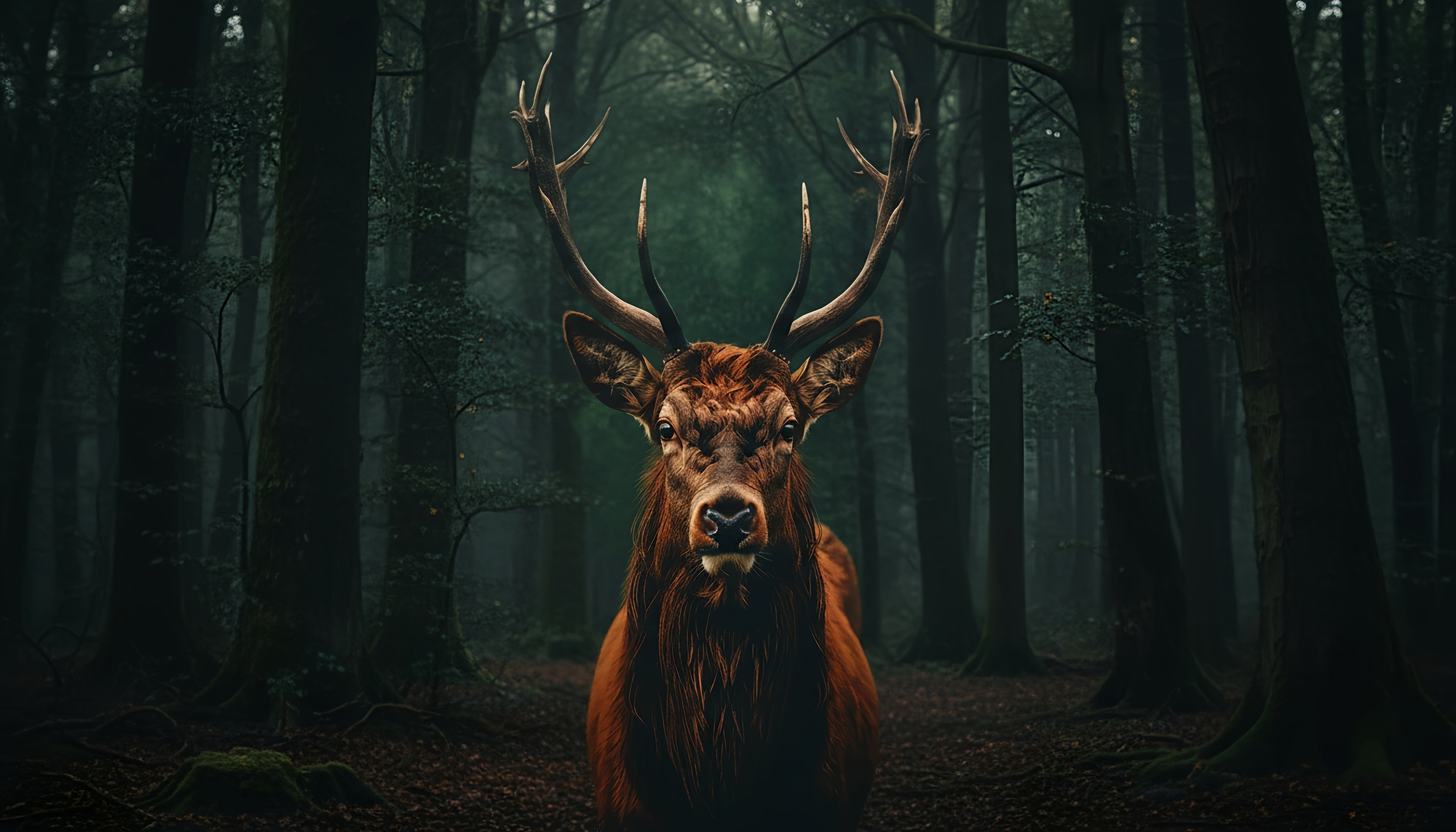 Ein stolzer Hirsch mit imposantem Geweih steht im nebligen Wald, umgeben von hohen Bäumen – symbolisches Motiv für nachhaltige Jagd, Naturverbundenheit und regionales Wildfleisch von Weidewild.