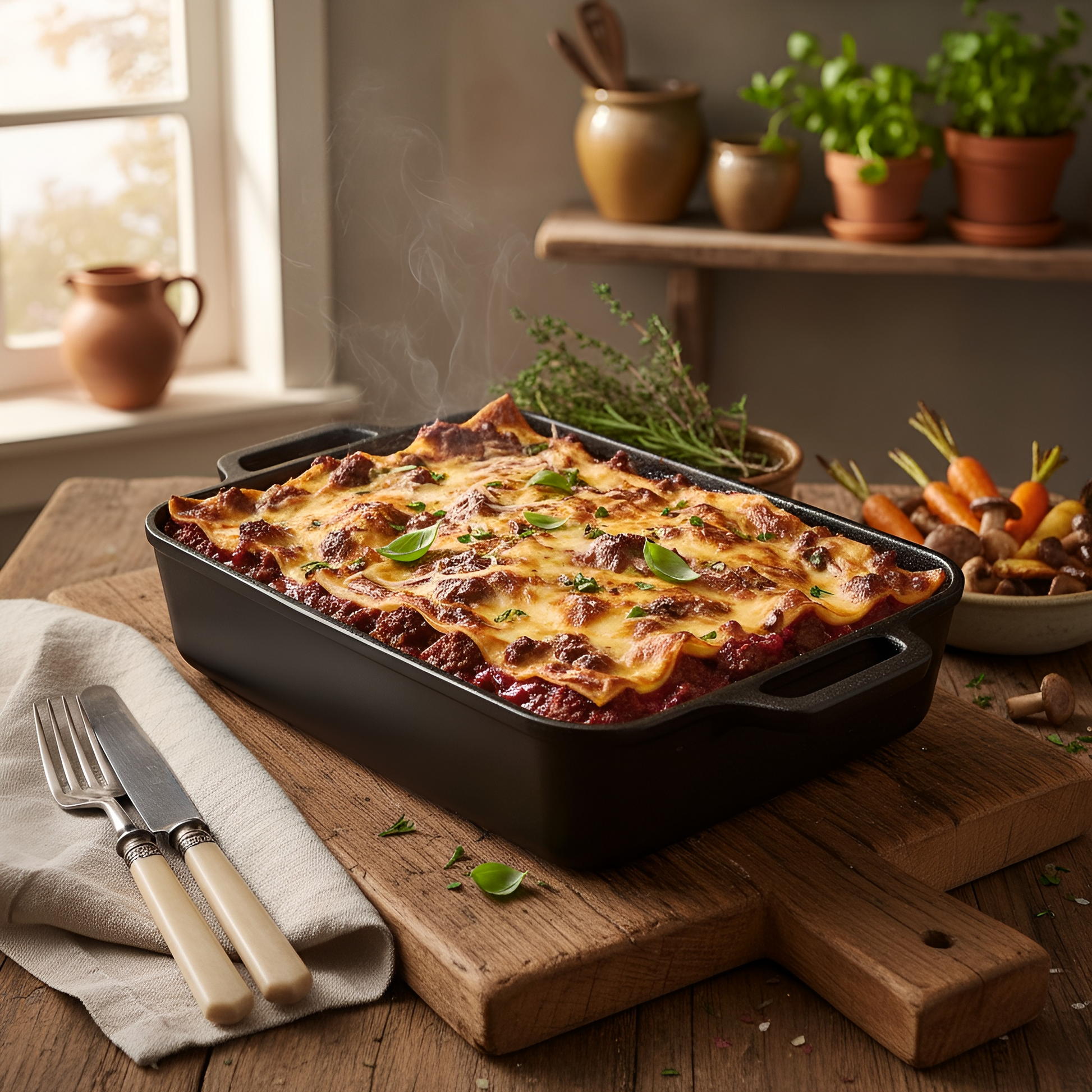 Heiß dampfende Wild-Lasagne aus Hirschhackfleisch in schwarzer Auflaufform, mit goldbrauner Käsekruste und frischem Basilikum garniert, serviert auf rustikalem Holztisch – hausgemachtes Wildgericht von Weidewild.