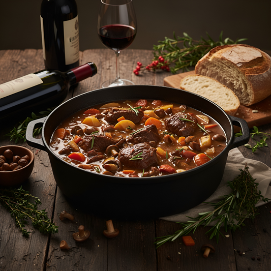 Gusseiserner Schmortopf mit saftigem Premium Hirschgulasch, Wurzelgemüse und Kräutern auf rustikalem Holztisch, begleitet von Rotwein und Brot – hochwertiges Wildgericht von Weidewild.