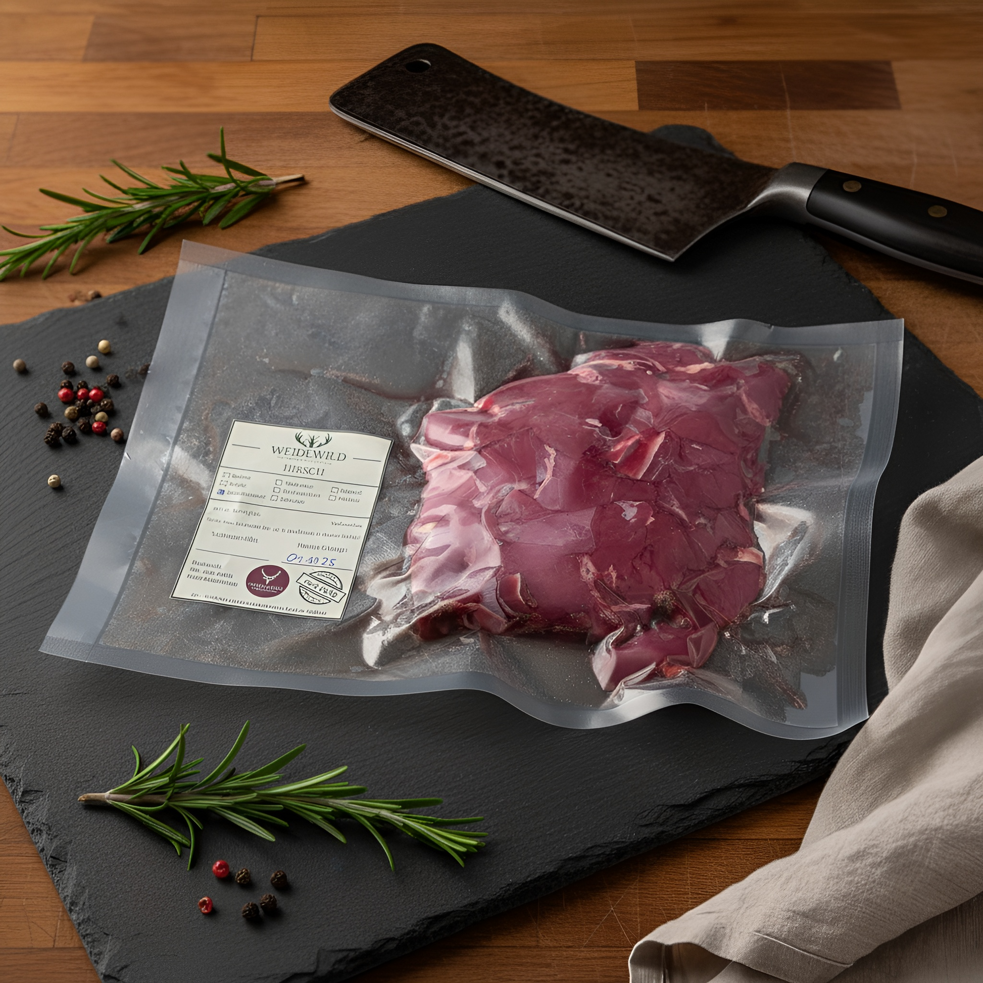 Vakuumverpacktes Premium Hirschgulasch auf Schieferplatte mit Rosmarin, Pfeffer und Metzgerbeil – frisches, regionales Wildfleisch von Weidewild für Feinschmecker.