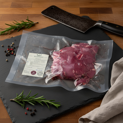 Vakuumverpacktes Premium Hirschgulasch auf Schieferplatte mit Rosmarin, Pfeffer und Metzgerbeil – frisches, regionales Wildfleisch von Weidewild für Feinschmecker.