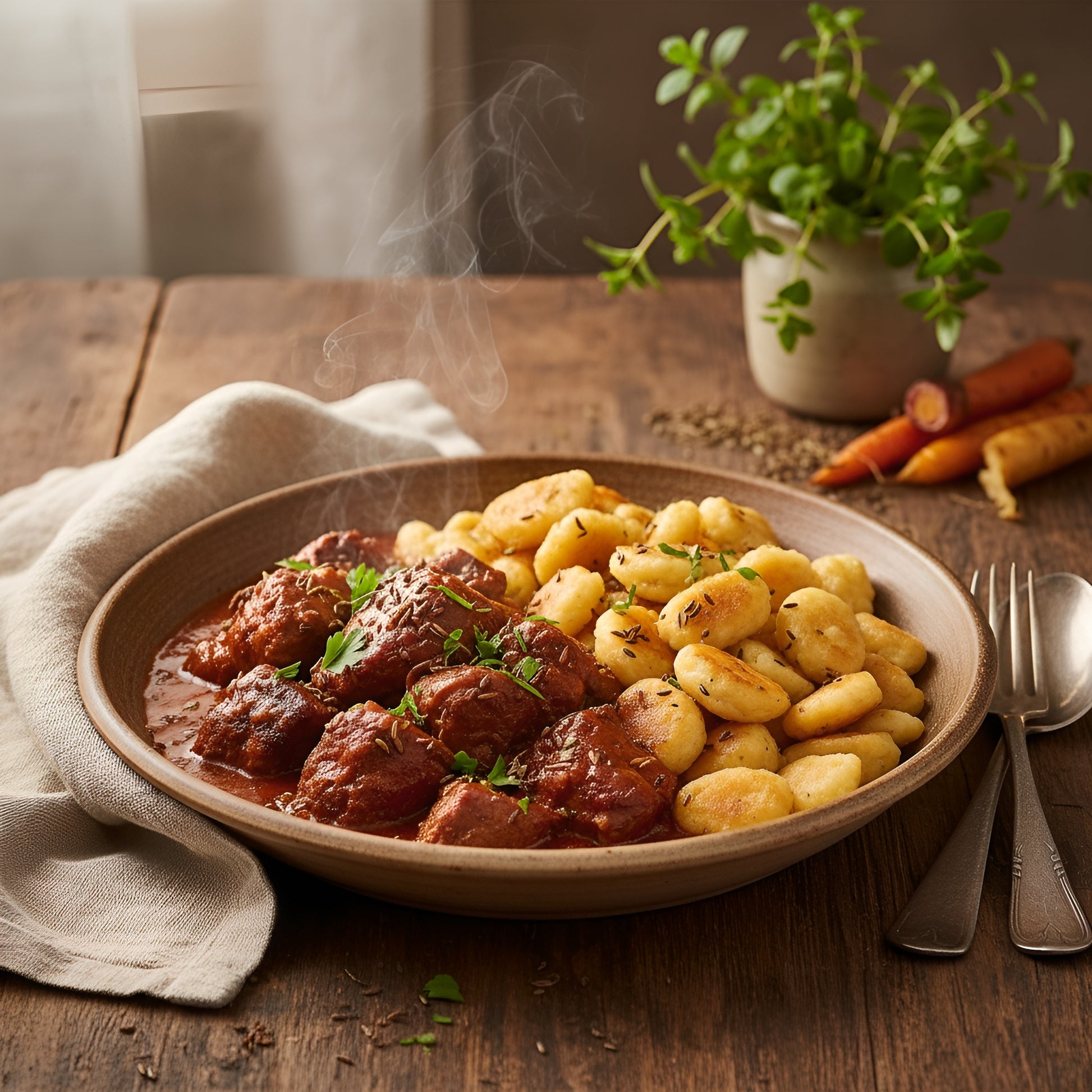 Zart geschmortes Reh-Gulasch in würziger Sauce mit goldbraunen Gnocchi, ein herzhaftes Wildgericht voller Aroma