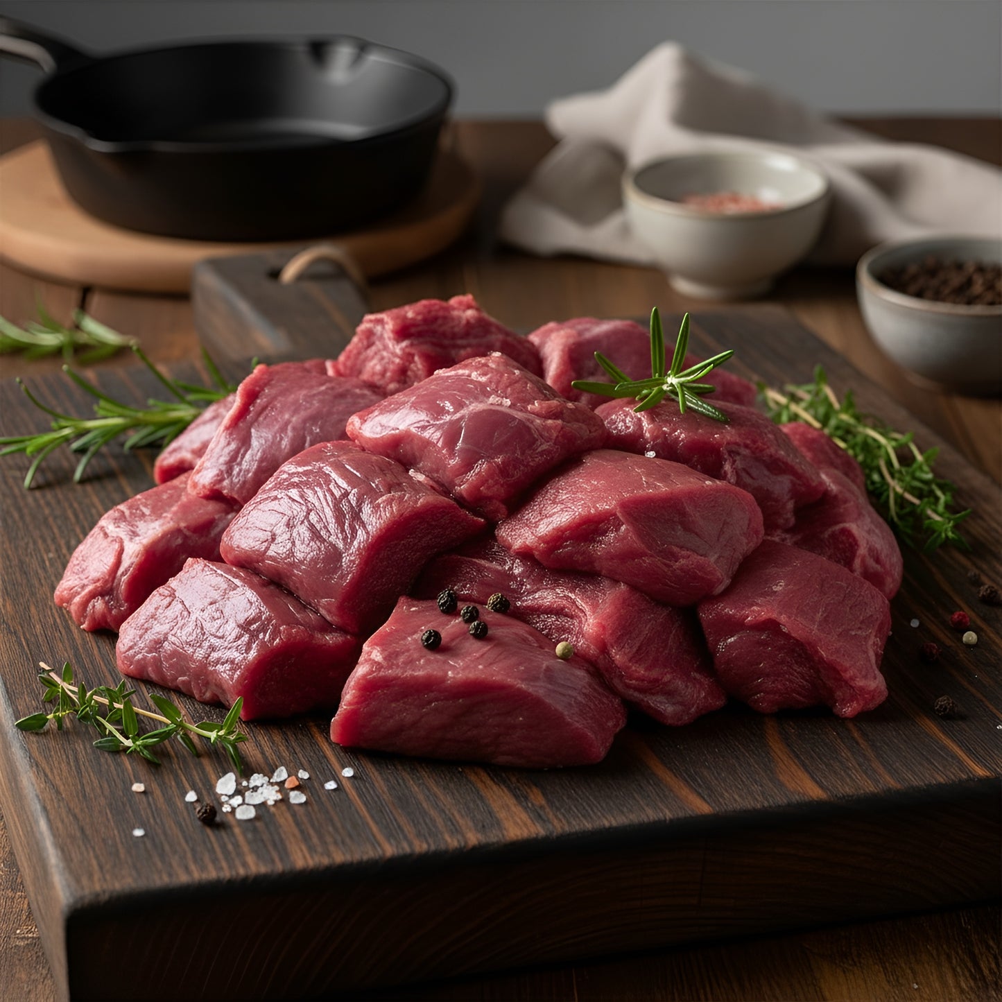 Zartes Reh-Gulasch roh angerichtet mit Rosmarin und Pfeffer, bereit für ein aromatisches Wildgericht