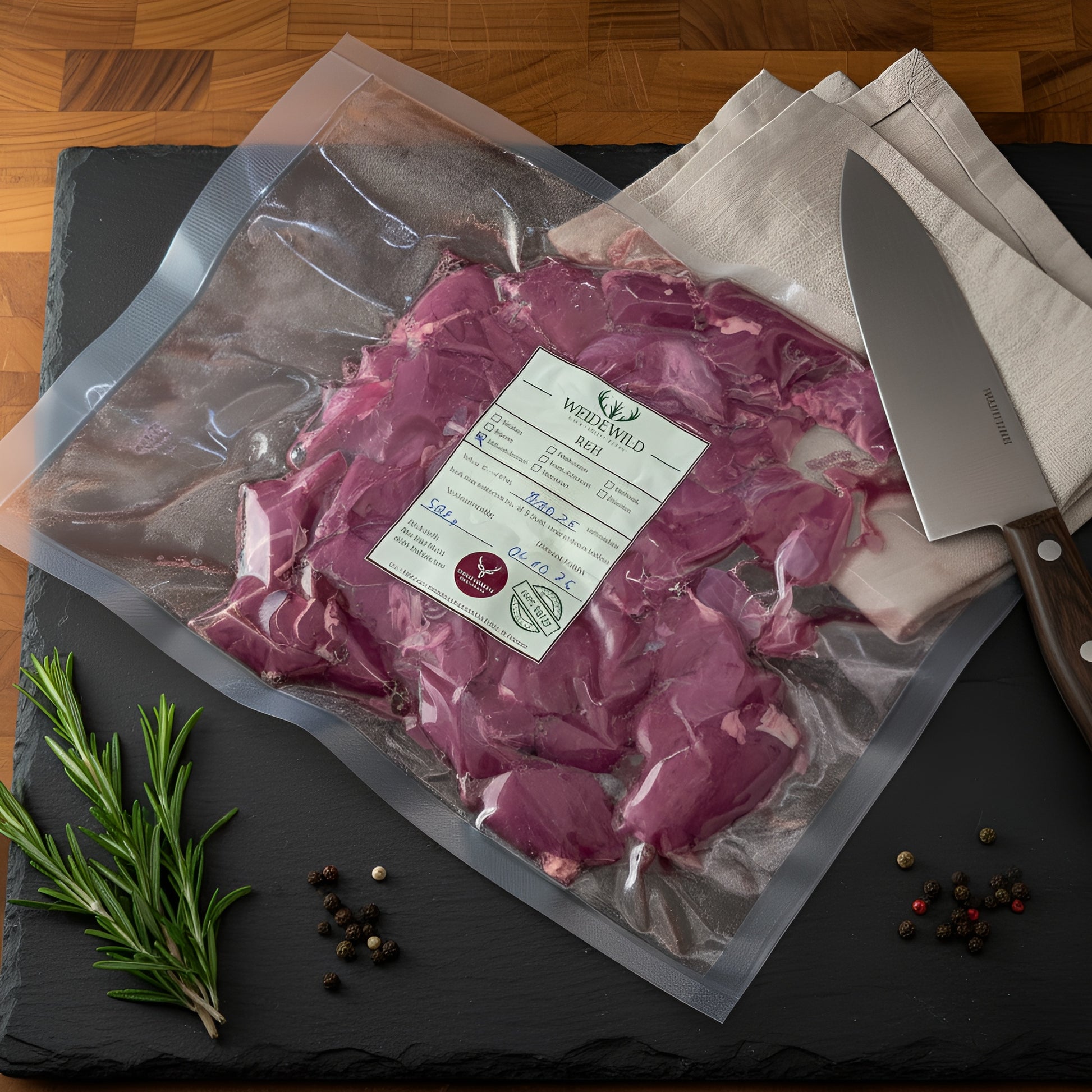 Frisches Reh-Gulasch im Vakuumbeutel, nachhaltiges Wildfleisch für feine Küche und bewussten Genuss