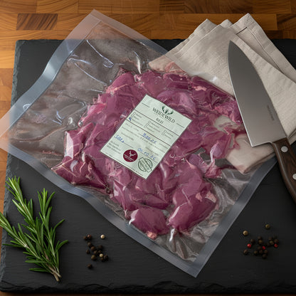 Frisches Reh-Gulasch im Vakuumbeutel, nachhaltiges Wildfleisch für feine Küche und bewussten Genuss