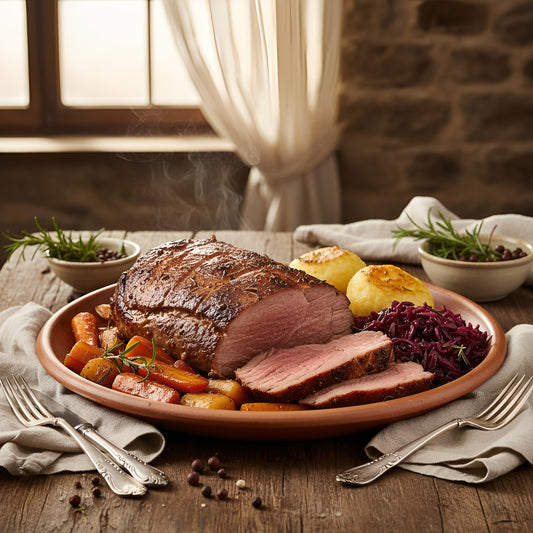 Saftiger Rehbraten mit knuspriger Kruste, serviert mit Rotkohl, Klößen und glasiertem Gemüse in gemütlicher Atmosphäre