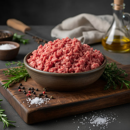 Frisches Rehhackfleisch roh angerichtet mit Rosmarin, Pfeffer und grobem Salz für feine Wildgerichte