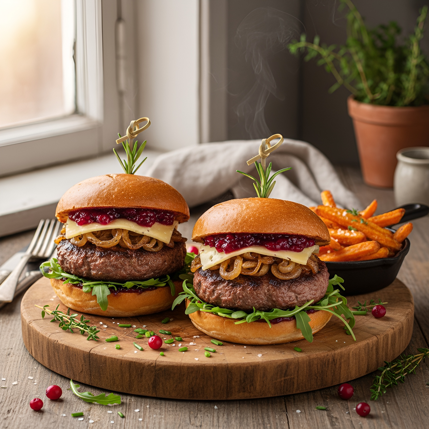 Zwei frisch zubereitete Hirschburger aus hochwertigem Hirschhackfleisch auf Holzbrett, belegt mit Brie, Preiselbeeren, Röstzwiebeln und Rucola, serviert mit Süßkartoffel-Pommes – Wildburger Spezialität von Weidewild.