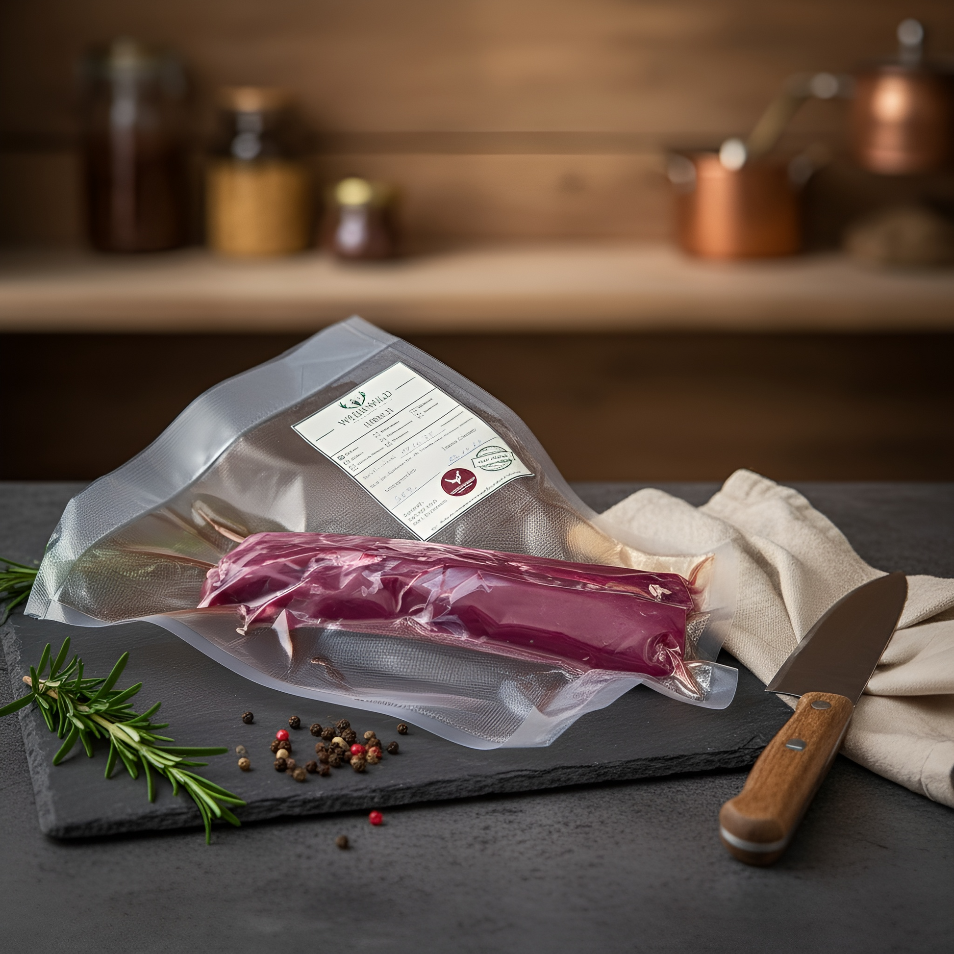 Vakuumverpackter Hirschrücken von Weidewild auf schwarzer Schieferplatte, mit Küchenmesser, Rosmarin und Pfefferkörnern arrangiert – frisches 800 g Premium Wildfleisch aus regionaler Jagd.