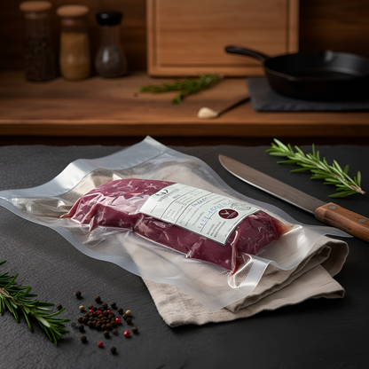 Vakuumverpackter Rehrücken von Weidewild auf schwarzer Schieferplatte, mit Küchenmesser, Rosmarin und Pfefferkörnern dekoriert – frisches, regionales Wildfleisch in nachhaltiger Verpackung.