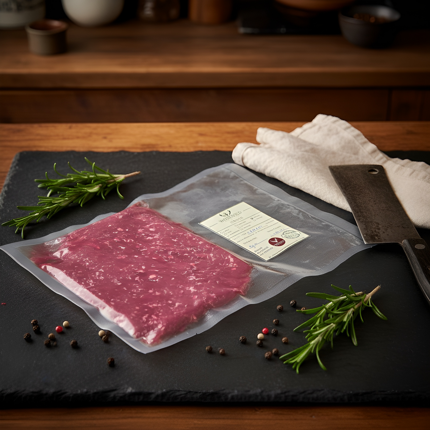 Vakuumverpacktes Hirschhackfleisch von Weidewild auf schwarzer Schieferplatte, mit Metzgerbeil, Rosmarin, Pfefferkörnern und Küchentuch arrangiert – frisches Premium Wildhack aus nachhaltiger Jagd.