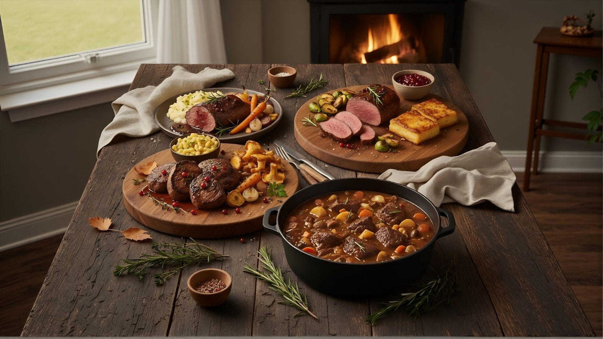 Rustikal gedeckter Holztisch mit vier Gerichten aus dem Hirsch-Probierpaket: zarter Hirschrücken, saftige Steaks, herzhaftes Gulasch und feines Filet, serviert mit Gemüse, Kartoffelgratin und Preiselbeeren vor einem Kaminfeuer