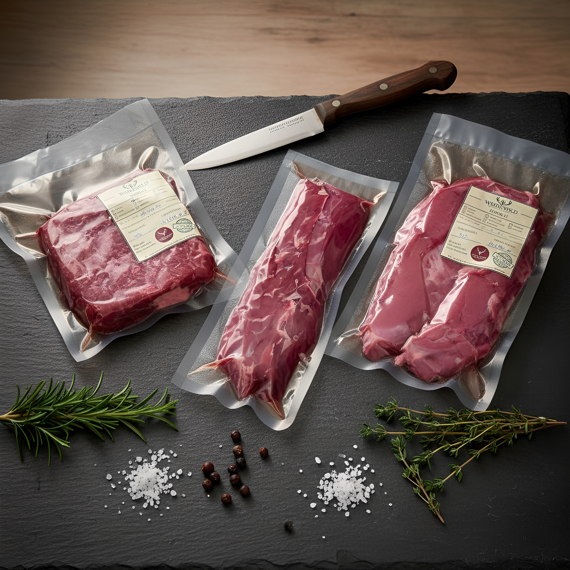 Drei vakuumverpackte Portionen aus dem Weidewild Kennenlernpaket: Hirschrücken, Hirschsteaks und Hirschhack, auf schwarzer Schieferplatte mit Rosmarin, Thymian, Wacholderbeeren und grobem Meersalz – hochwertiges Wildfleisch aus regionaler Jagd.