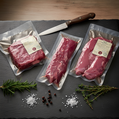 Drei vakuumverpackte Portionen aus dem Weidewild Kennenlernpaket: Hirschrücken, Hirschsteaks und Hirschhack, auf schwarzer Schieferplatte mit Rosmarin, Thymian, Wacholderbeeren und grobem Meersalz – hochwertiges Wildfleisch aus regionaler Jagd.