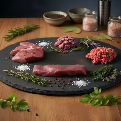 Vier Sorten edles Wildfleisch – Hirschrücken, Hirschsteaks, Rehgulasch und Rehhack – appetitlich angerichtet auf einer schwarzen Schieferplatte mit Rosmarin, Thymian, Pfeffer und grobem Meersalz, hochwertiges Probierpaket von Weidewild.