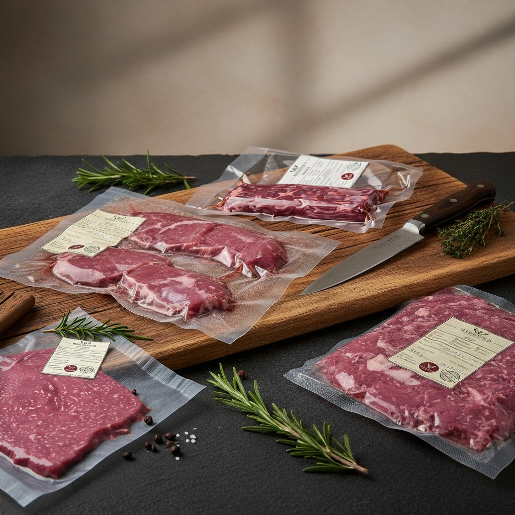 Vakuumverpacktes Weidewild Probierpaket auf Holzbrett mit vier Sorten Wildfleisch: Hirschrücken, Hirschsteaks, Rehhack und Rehgulasch, dekoriert mit Rosmarin, Thymian, Pfeffer und grobem Meersalz – hochwertiges Wildfleisch aus nachhaltiger Jagd.