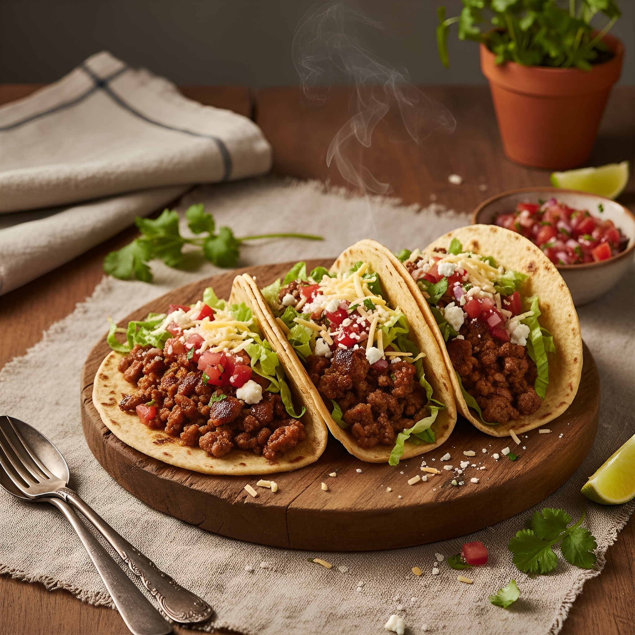 Drei frisch zubereitete Wild-Tacos mit würzigem Rehhackfleisch, Salat, Tomatensalsa und geriebenem Käse auf Holzbrett, serviert mit Limetten und Koriander – kreative Wildküche von Weidewild.