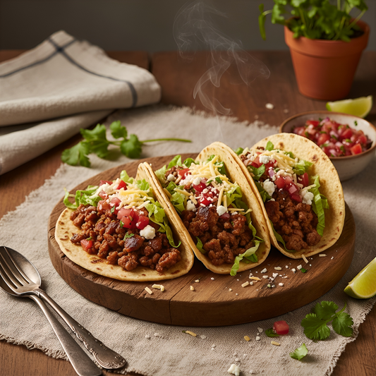 Drei frisch zubereitete Wild-Tacos mit würzigem Rehhackfleisch, Salat, Tomatensalsa und geriebenem Käse auf Holzbrett, serviert mit Limetten und Koriander – kreative Wildküche von Weidewild.