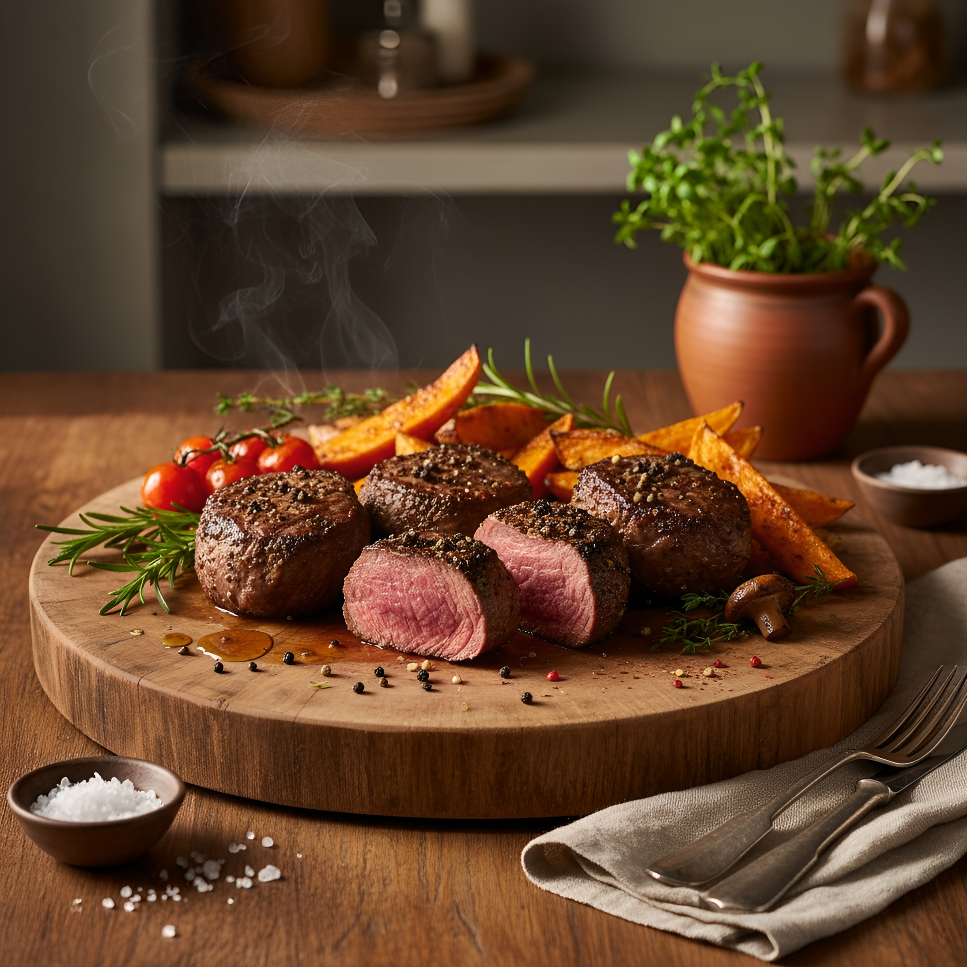 Saftig rosa gebratene Hirschsteaks aus dem Weidewild Kennenlernpaket, serviert mit Ofenkartoffeln, Rosmarin, Thymian und Kirschtomaten auf rustikalem Holzbrett – feines Wildgericht aus regionaler Jagd.