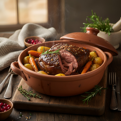 Saftig geschmorter Hirschbraten in Terrakotta-Schmortopf mit Kartoffeln, Karotten und Rosmarin, serviert auf rustikalem Holztisch – herzhaftes Wildgericht von Weidewild.