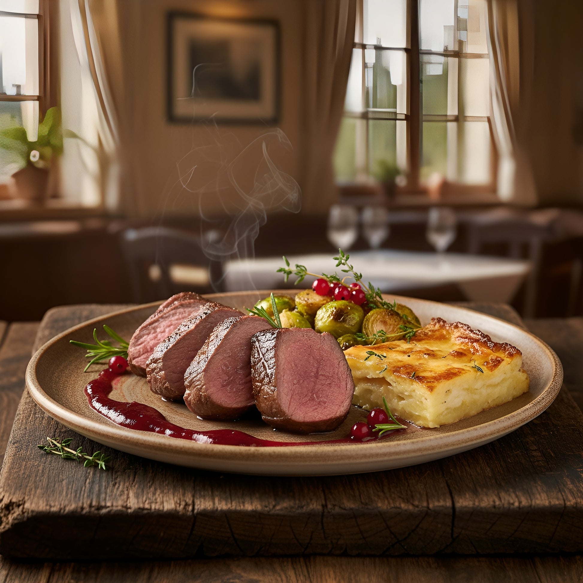 Saftig gebratener Hirschrücken in Scheiben mit cremigem Kartoffelgratin, Rosenkohl und Preiselbeersoße, serviert auf rustikalem Holztisch im warmen Licht – feines Wildgericht aus regionaler Jagd.