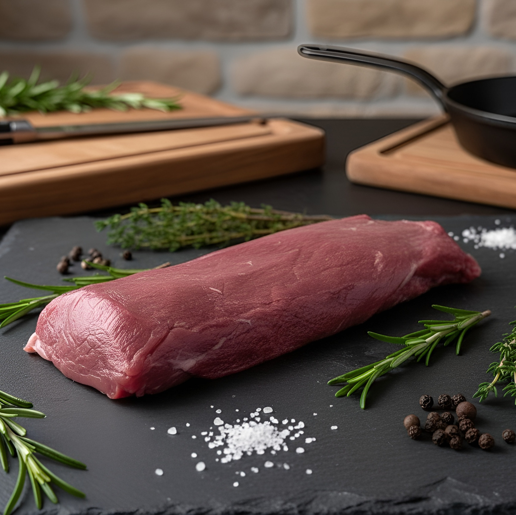 Frischer Rehrücken auf schwarzer Schieferplatte, umgeben von Rosmarin, Thymian, Pfeffer und grobem Meersalz, im Hintergrund Bratpfanne und Holzbrett – hochwertiges Wildfleisch aus regionaler Jagd von Weidewild.