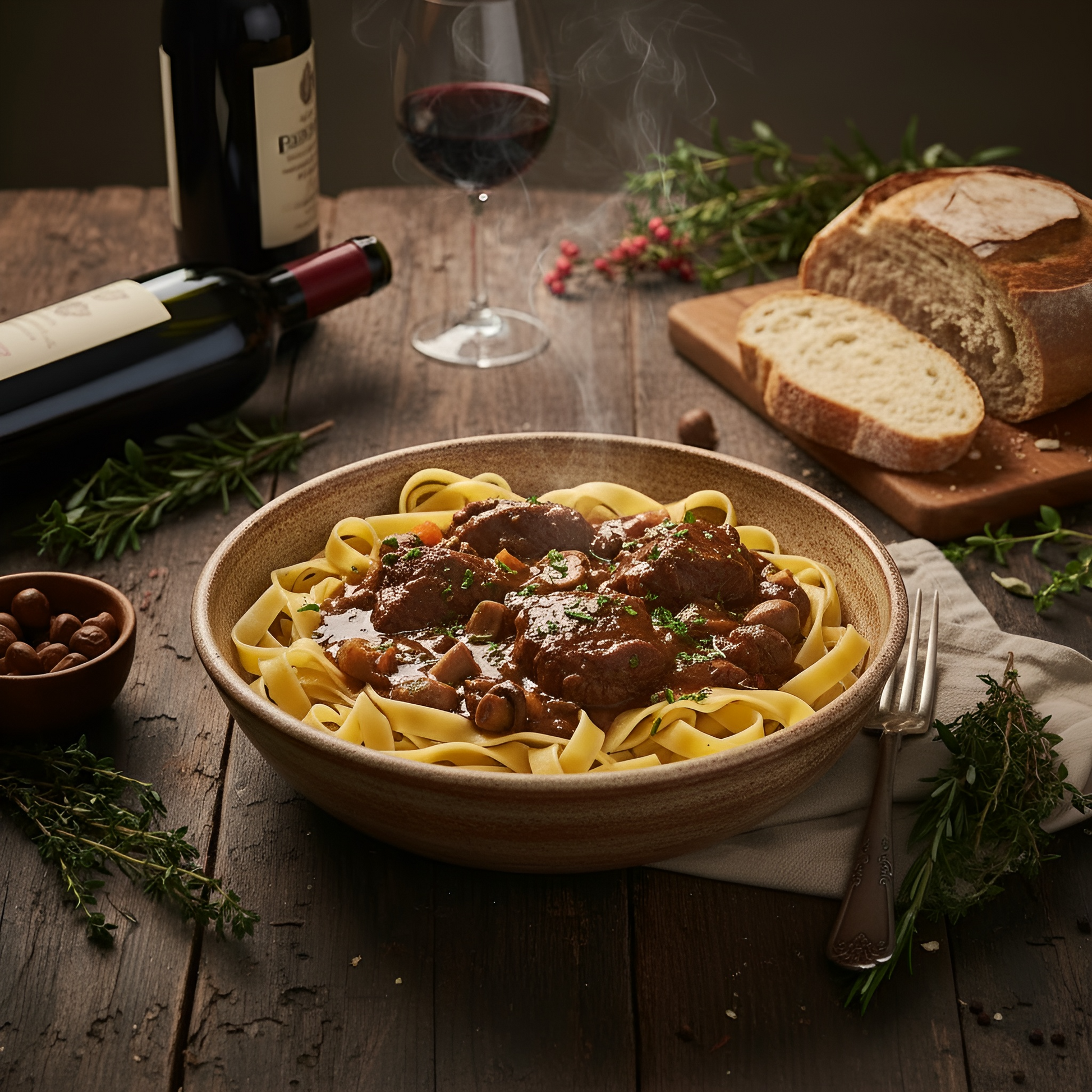 Schale mit zart geschmortem Rehgulasch in kräftiger Rotweinsauce, serviert auf Bandnudeln mit frischen Kräutern, Rotwein und Brot im Hintergrund – edles Wildgericht aus nachhaltiger Jagd von Weidewild.