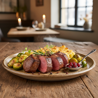 Saftig rosa gebratener Hirschrücken in Scheiben serviert, begleitet von cremigem Kartoffelgratin, gebratenem Rosenkohl und Preiselbeeren auf rustikalem Holztisch – edles Wildgericht aus regionalem Weidewildfleisch.