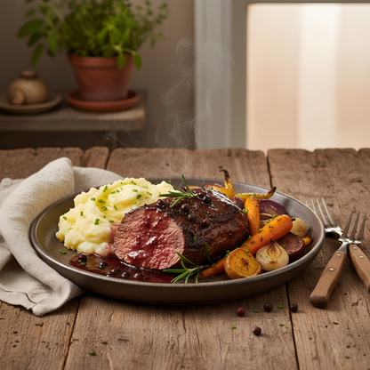 Saftig rosa gebratener Hirschrücken aus dem Weidewild Kennenlernpaket, serviert mit cremigem Kartoffelpüree, glasierten Karotten, Schalotten und Rotwein-Jus auf rustikalem Holztisch – edles Wildgericht aus regionaler Jagd.