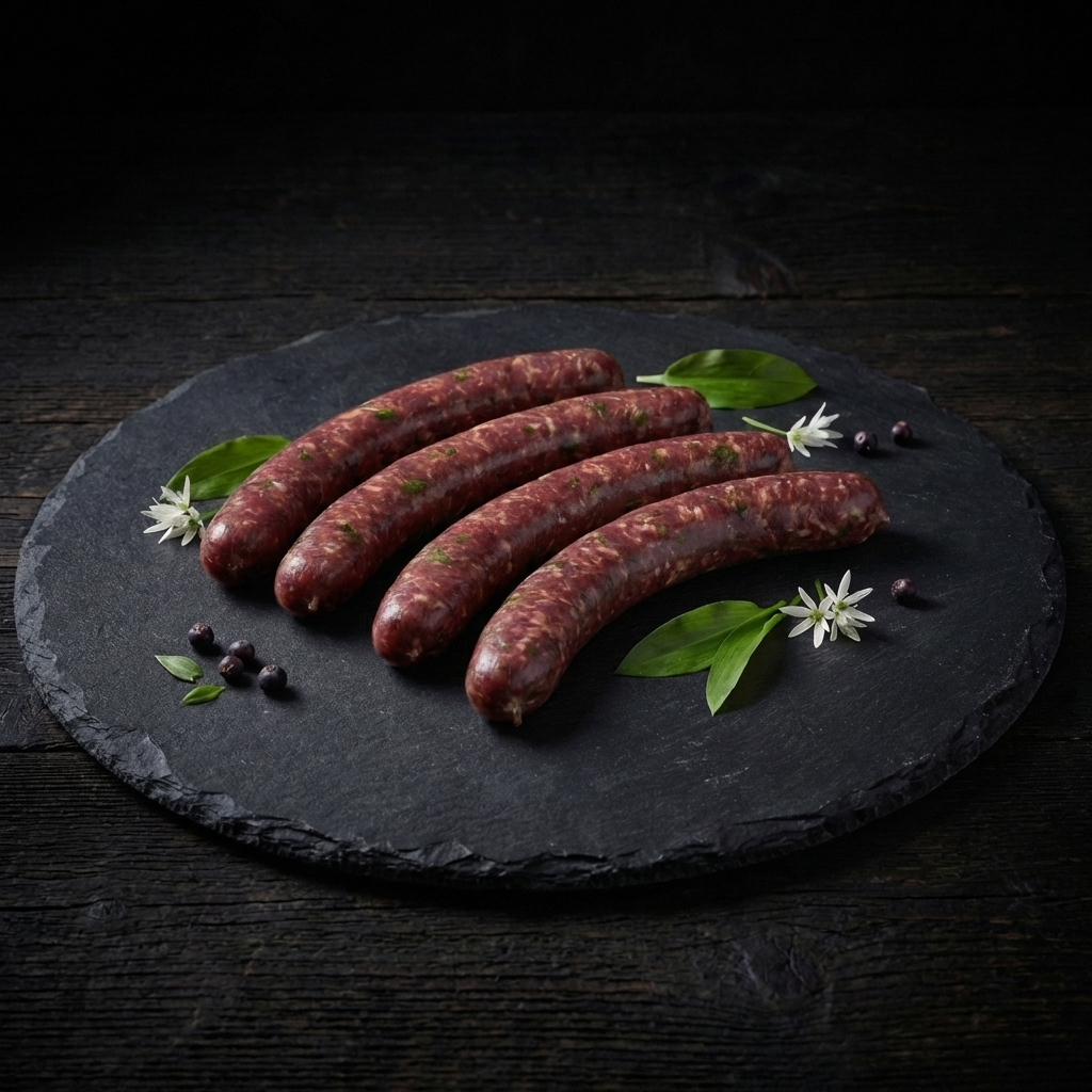 Bärlauch-Wildbratwurst auf rustikalem Holzbrett – saisonale Wild-Wurst mit frischem Bärlauch aus eigener Metzger-Rezeptur von Weidewild.