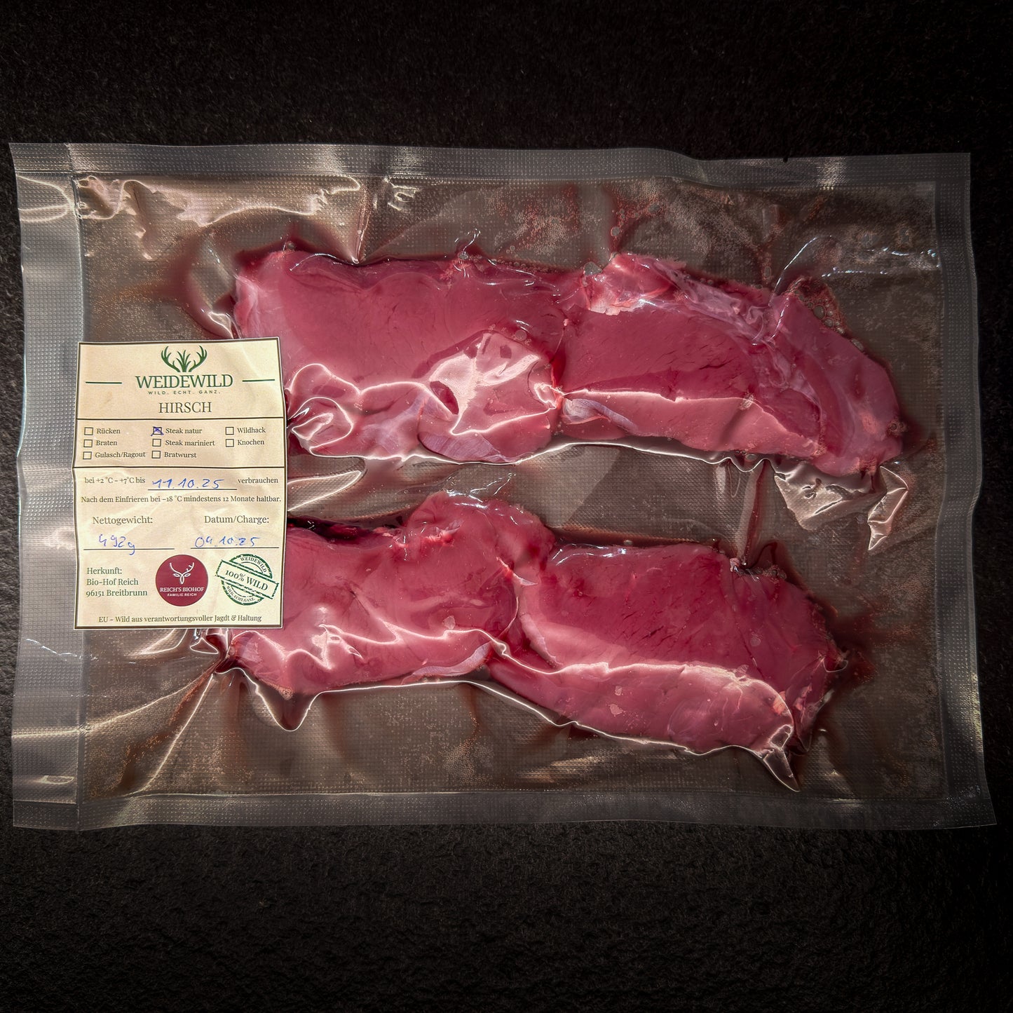 Hirsch Steak natur ohne Marinade - Pures Wildfleisch vom Jäger