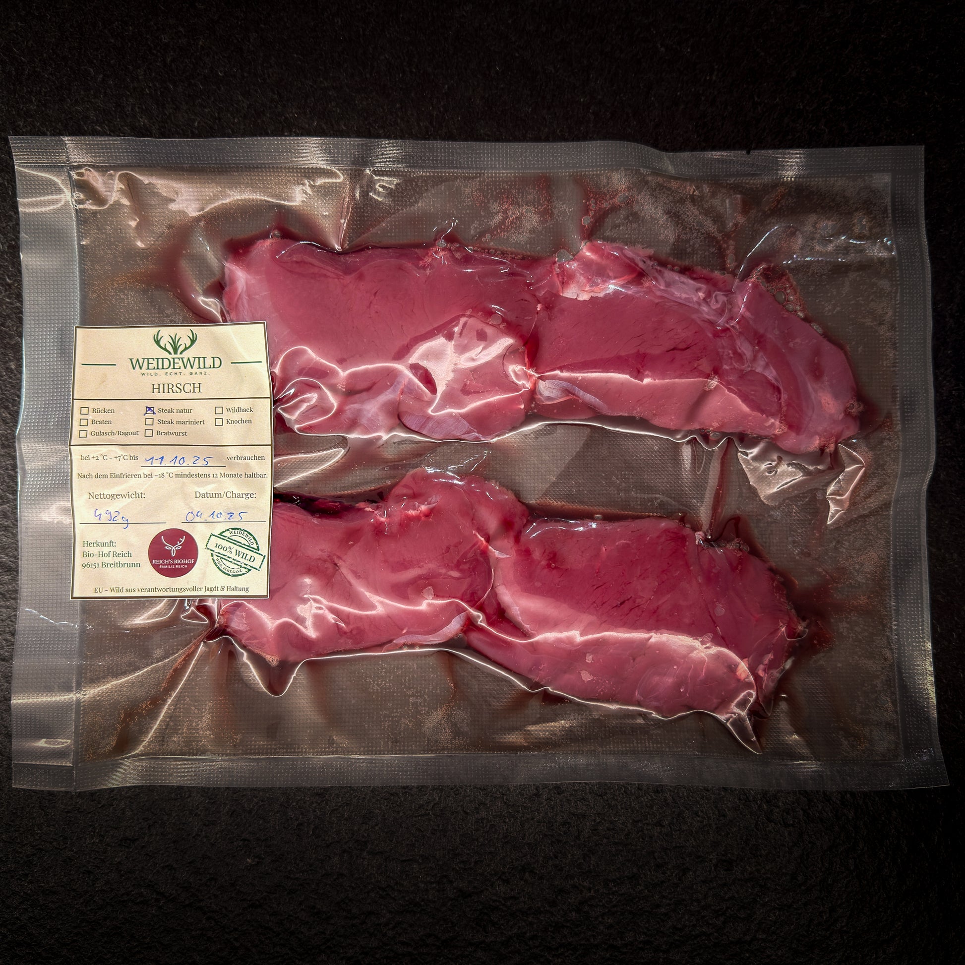 Hirsch Steak natur ohne Marinade - Pures Wildfleisch vom Jäger