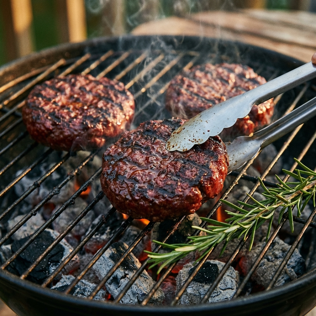 Hirsch-Burger-Patties auf dem Grill mit perfekten Grillstreifen – handgeformte Wild-Patties vom Jäger aus den Bayerischen Staatsforsten von Weidewild.
