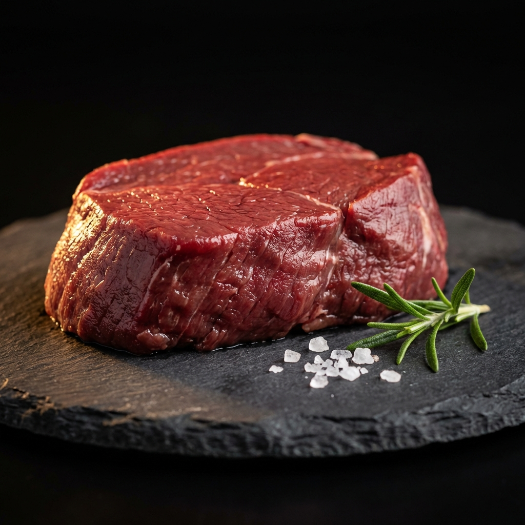 Hirschsteaks roh auf Schieferplatte – mageres Wild-Steak aus bayerischem Rotwild aus den Bayerischen Staatsforsten von Weidewild.
