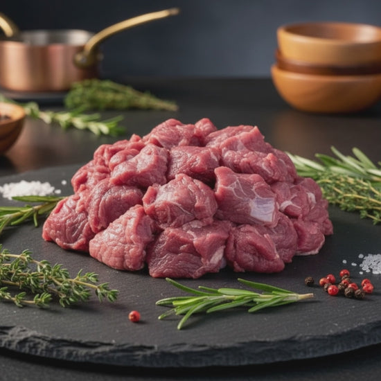 Frisch geschnittenes Hirschgulasch auf Schieferplatte mit Rosmarin, Thymian, grobem Meersalz und Pfeffer – hochwertig angerichtet für unser Wildfleisch-Paket.