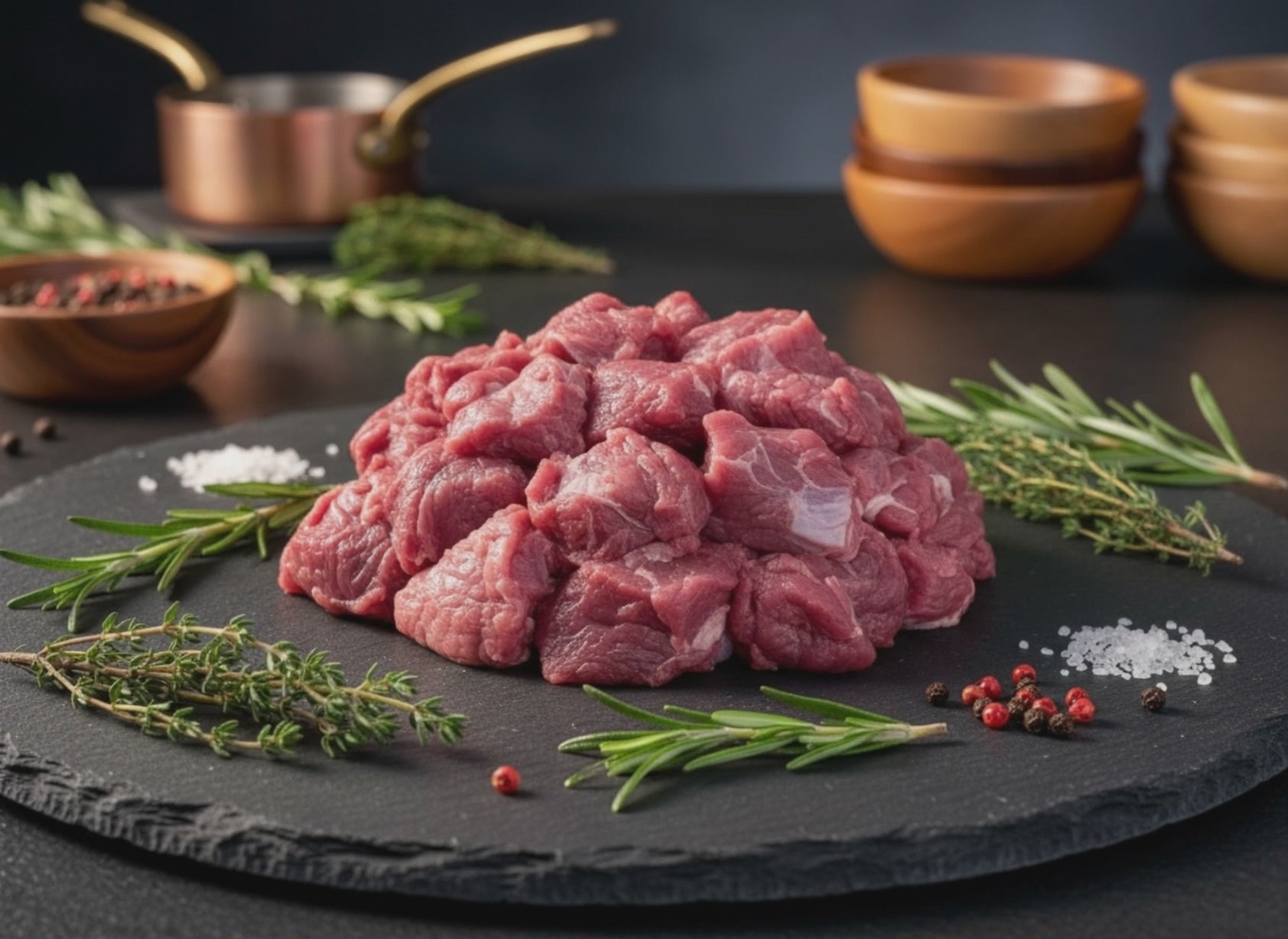 Frisch geschnittenes Hirschgulasch auf Schieferplatte mit Rosmarin, Thymian, grobem Meersalz und Pfeffer – hochwertig angerichtet für unser Wildfleisch-Paket.