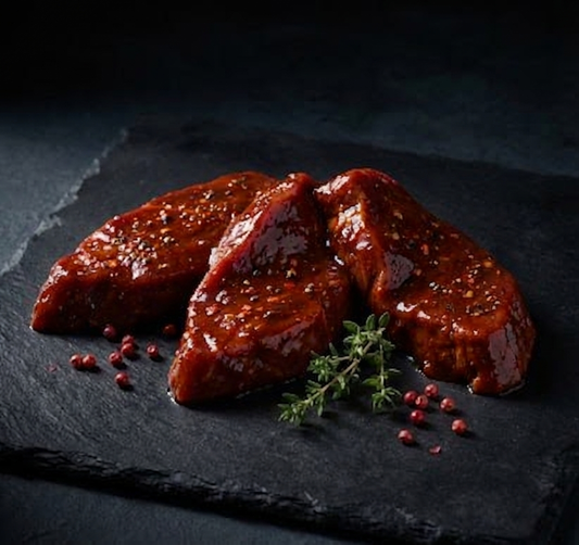 Rehsteak mariniert roh – BBQ-Marinade auf Schieferplatte