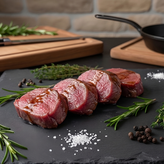 Rehsteak mariniert aus dem Rücken roh – BBQ-Medaillons