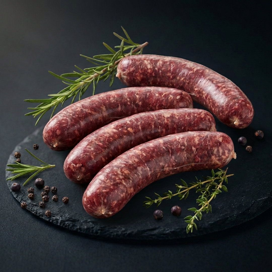 Wild-Bratwurst vom Hirsch roh auf Schieferplatte mit Rosmarin und Thymian
