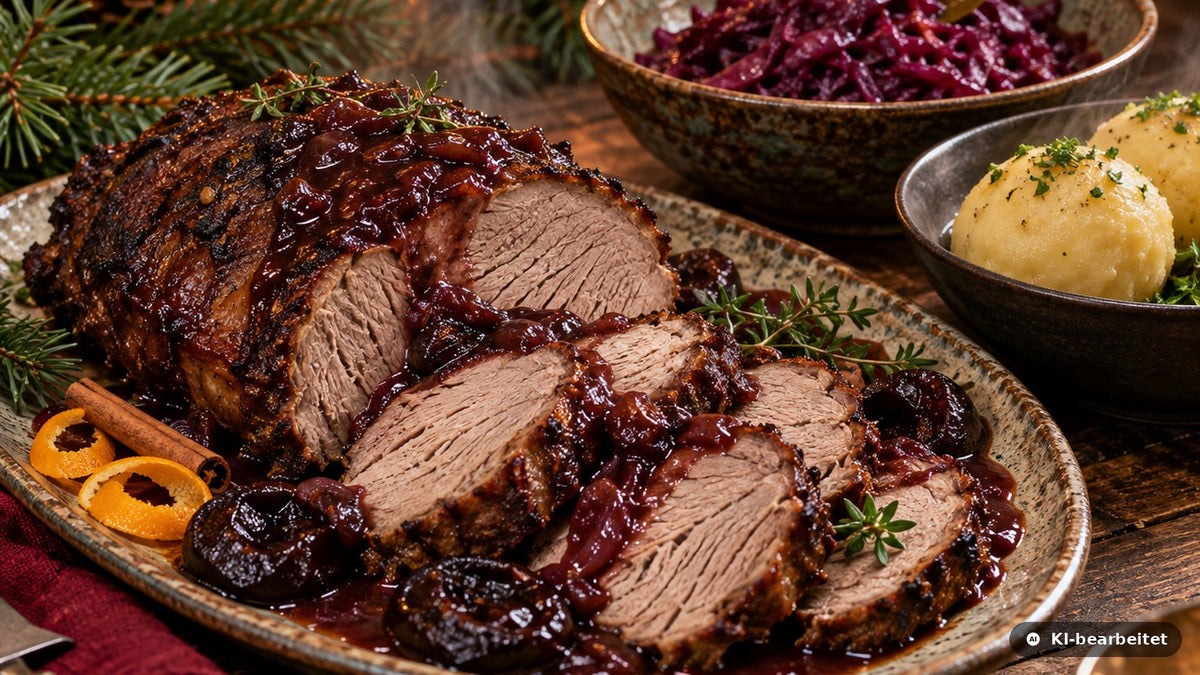 Aufgeschnittener, vollständig durchgegarter Wildschweinbraten mit dunkler Pflaumen-Rotwein-Sauce, Rotkohl und Knödeln auf festlich gedecktem Holztisch