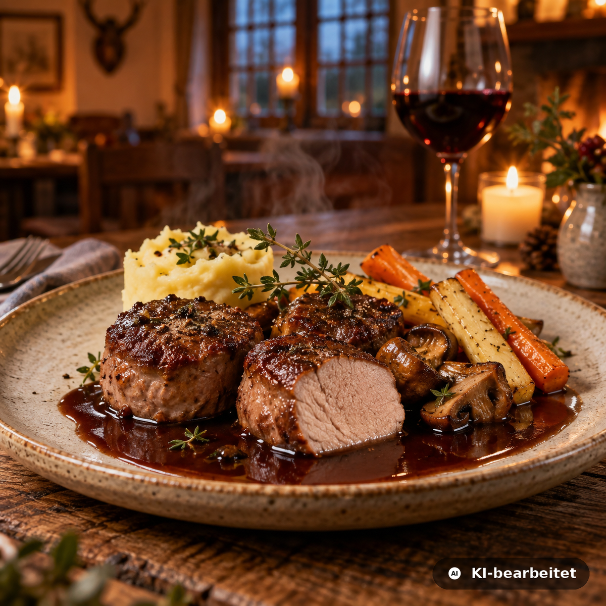 Wildschweinfilet-Medaillons auf dem Teller mit Kartoffelstampf, glasierten Pastinaken, Karotten, Waldpilzen und Rotweinsauce