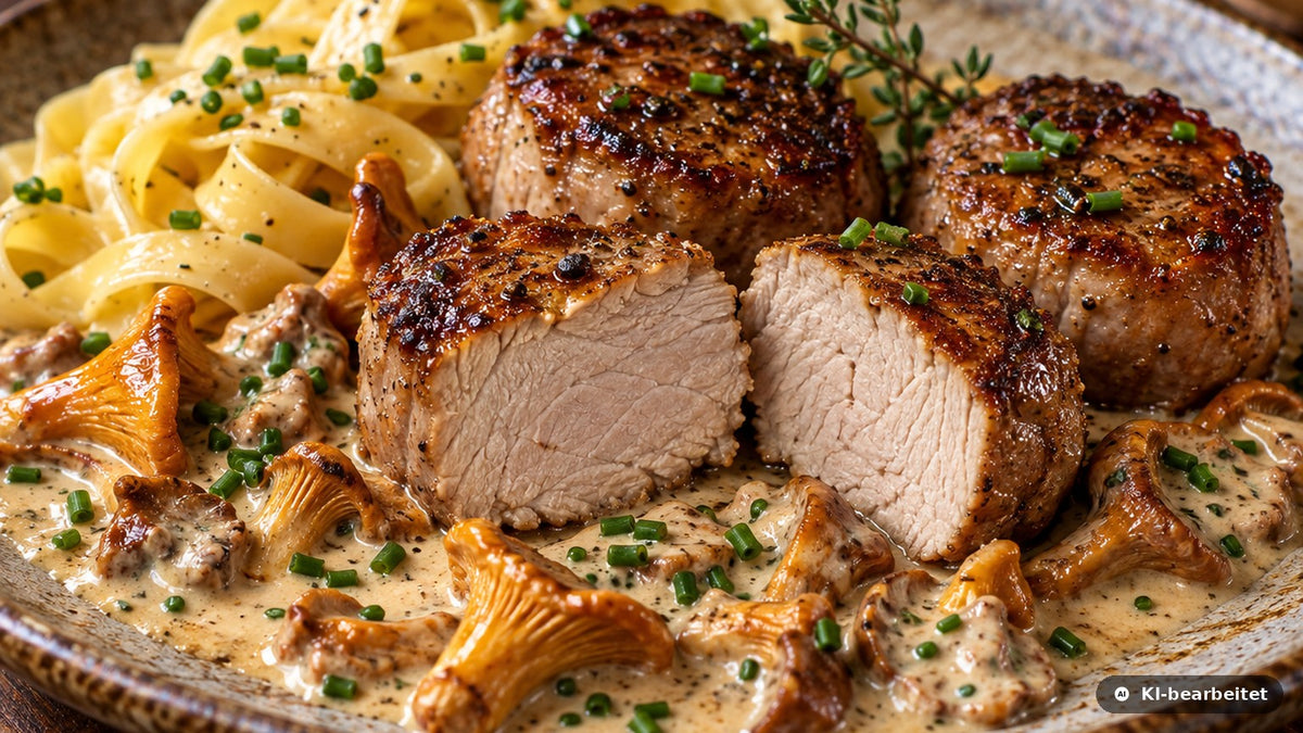 Vollständig durchgegarte Wildschweinfilet-Medaillons mit Pfifferling-Rahmsauce, Schnittlauch und Bandnudeln auf einem Teller