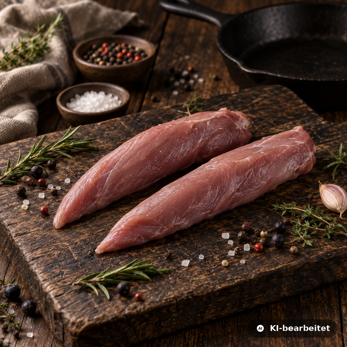 Zwei rohe Wildschweinfilets auf einem dunklen Holzbrett, daneben Rosmarin, Thymian, Pfefferkörner und Wacholderbeeren