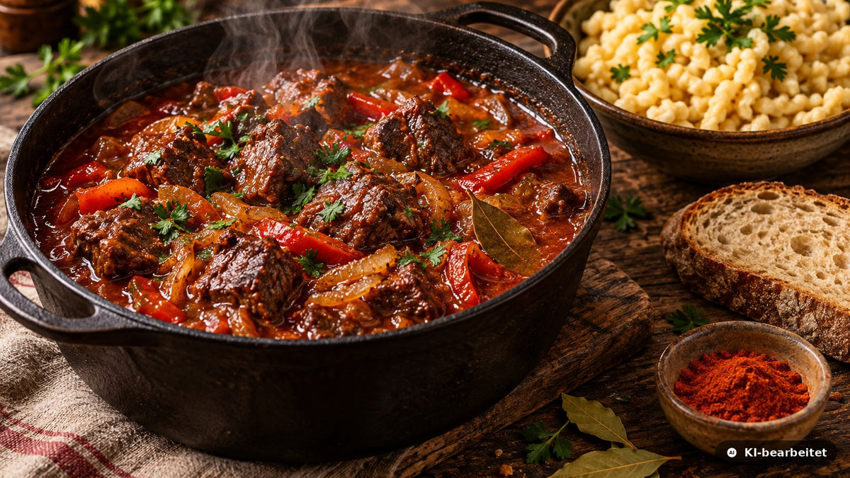 Dampfendes Wildschweingulasch mit Paprika in dunkler Rotweinsauce im gusseisernen Topf, daneben Spätzle und Bauernbrot