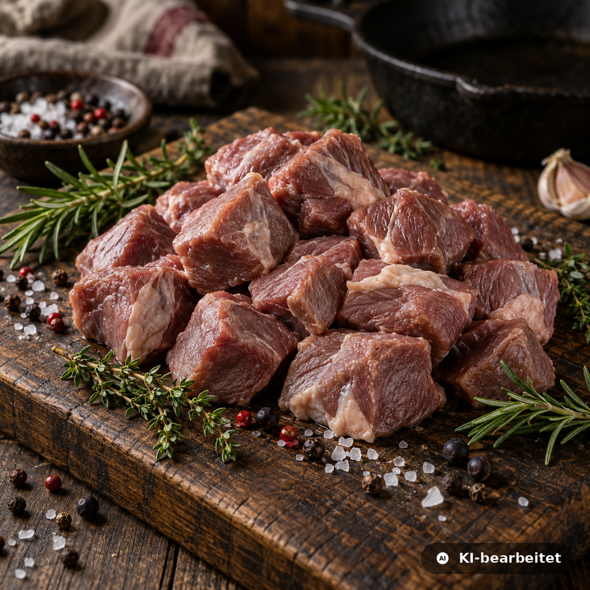 Rohes Wildschweingulasch in Würfeln auf einem dunklen Holzbrett, daneben Rosmarin, Thymian, Pfefferkörner, grobes Salz und Wacholderbeeren