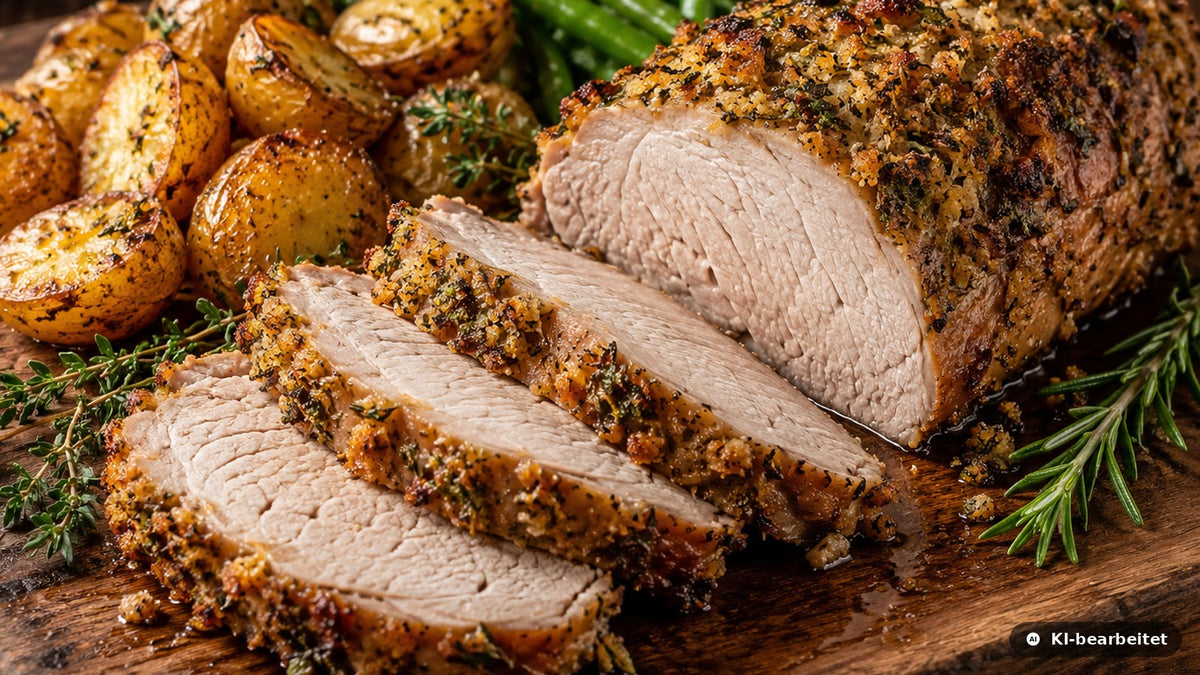 Aufgeschnittener, vollständig durchgegarter Wildschweinrücken mit grüner Kräuterkruste, Ofenkartoffeln und grünen Bohnen auf einem Holzbrett